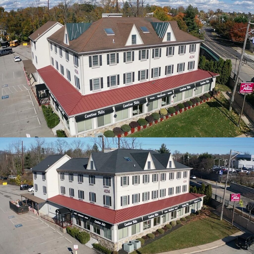 Before and after commercial roof replacement in Fort Washington PA by Nealman Construction using GAF Timberline HDZ Charcoal shingles